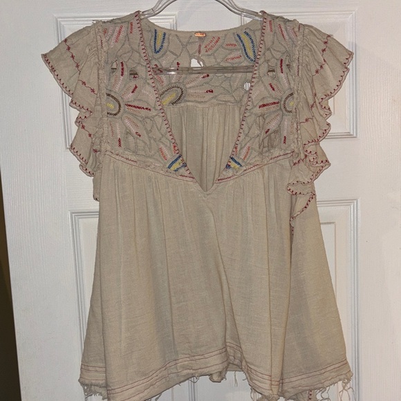 Free people Hailey/Boho Embroidered Cream Top with ruffled slv Multicolor Accent - Picture 1 of 5